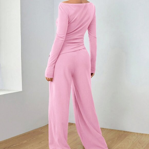 Pink Casual Women's Long Sleeve Blouse And Pants lounge Coord Set - Picture 3 of 7
